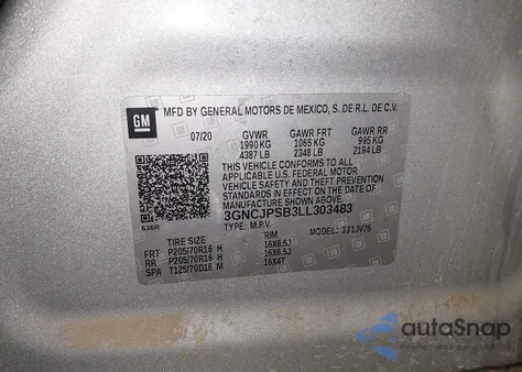 2020 Chevrolet Trax Awd Lt z USA, uszkodzony, nr VIN 3GNCJPSB3LL303483